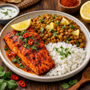 Saumon tandoori, lentilles citron