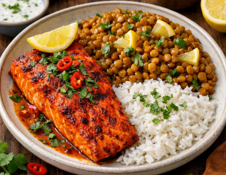 saumon tandoori +lentilles-citron+riz