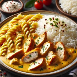 Emincés de volaille curry lait de coco + riz ou pâtes