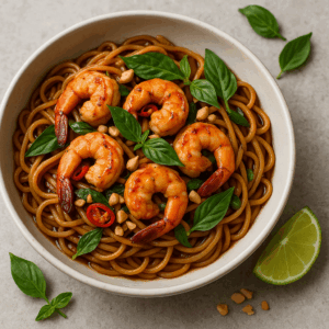 Crevettes au basilic thaï et nouilles