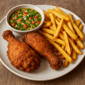 Poulet Frit Créole avec Sauce Chien et Frites Croustillantes